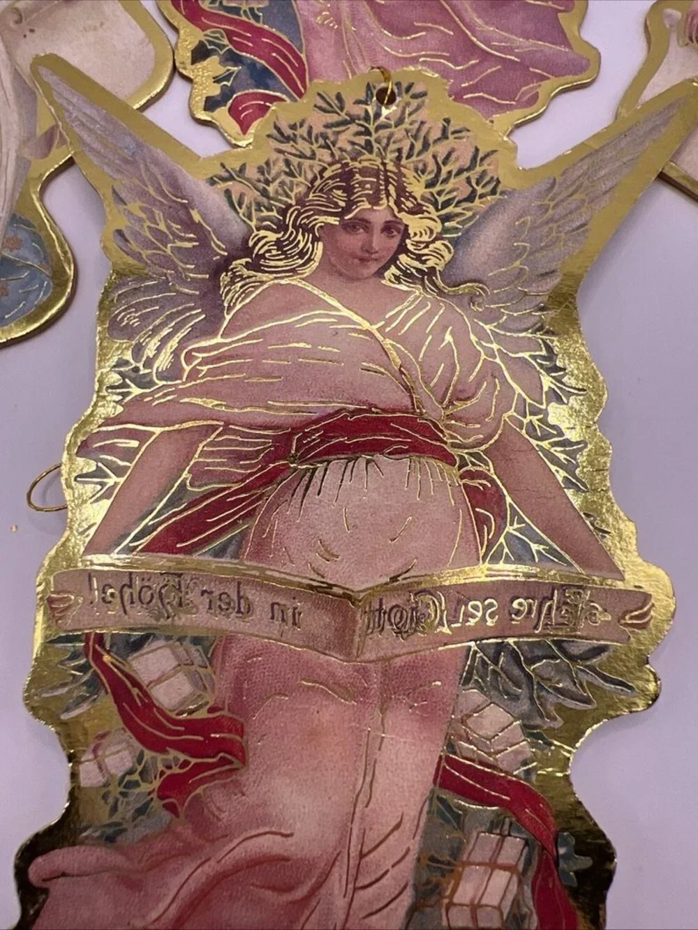 Lot of 4 Vtg Victorian Angel Cherubs Die Cut Ornaments Pastel Gold Trim 5”